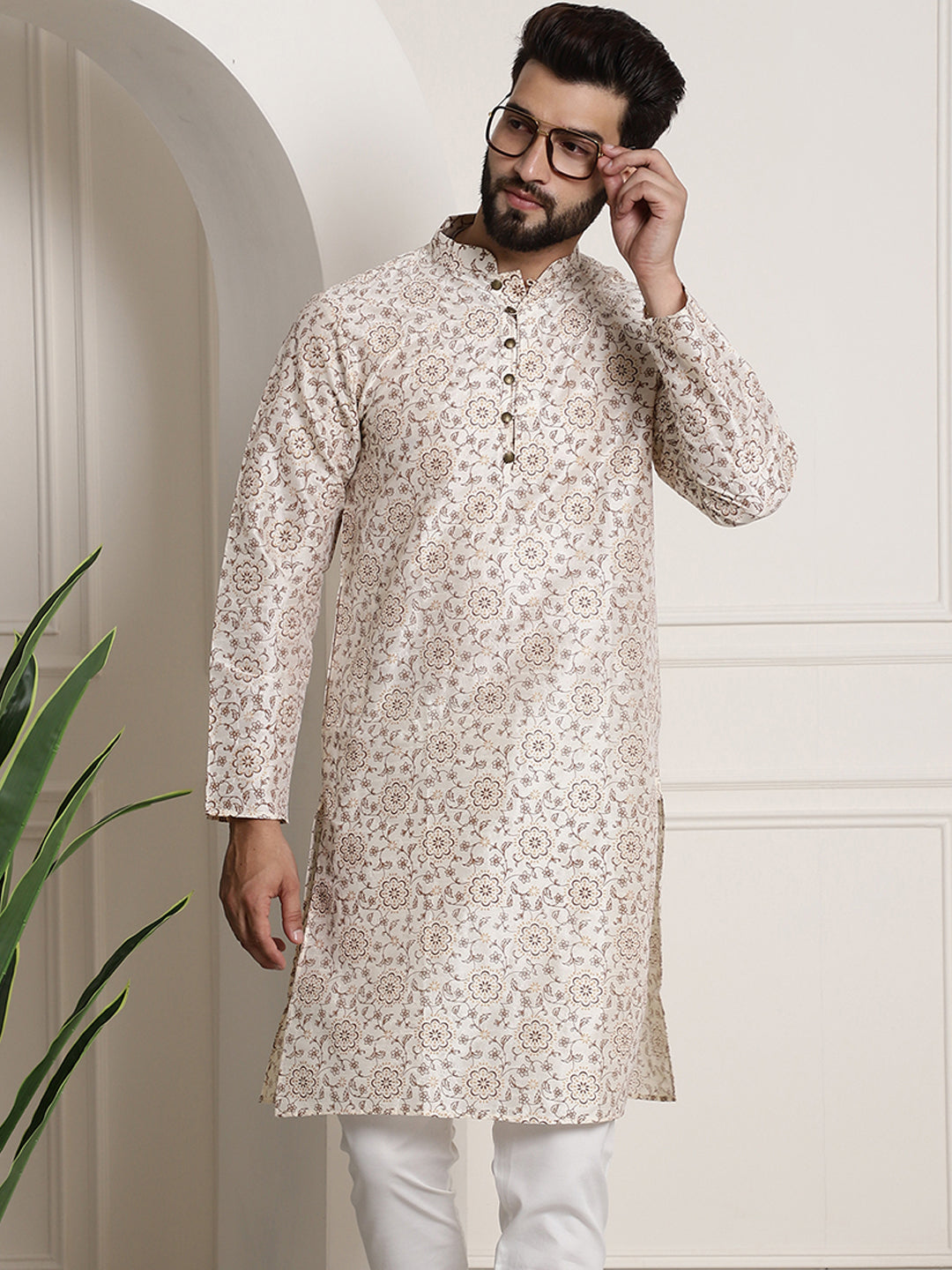 Men's Silk Blend Cream Printed Long Kurta