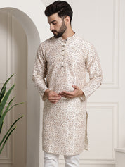 Men's Silk Blend Cream Printed Long Kurta