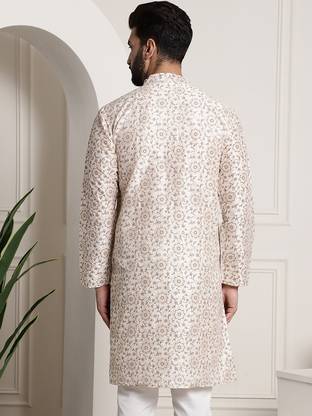 Men's Silk Blend Cream Printed Long Kurta