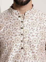 Men's Silk Blend Cream Printed Long Kurta