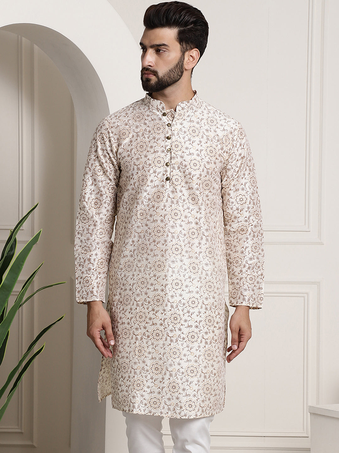 Men's Silk Blend Cream Printed Long Kurta