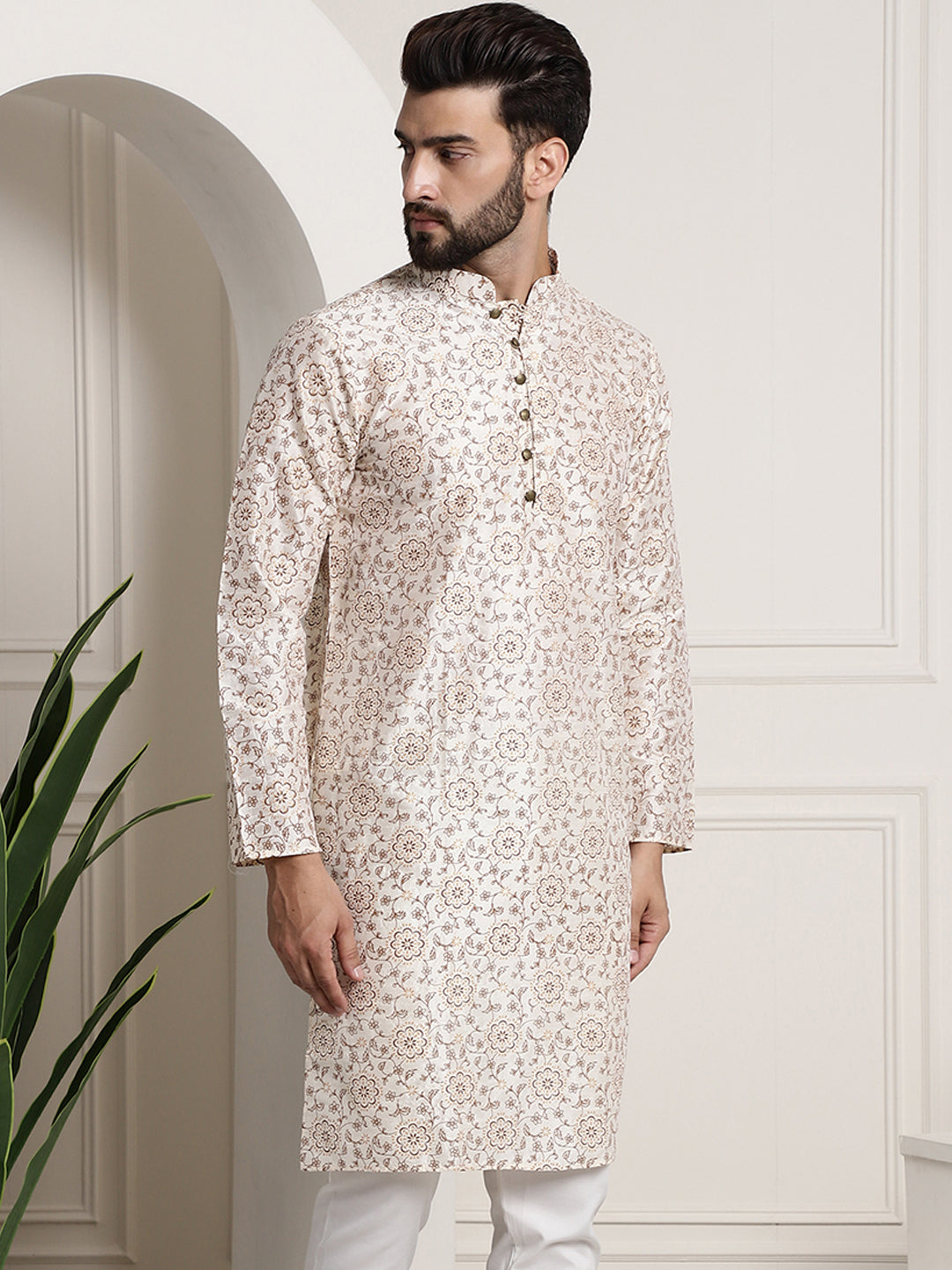 Men's Silk Blend Cream Printed Long Kurta