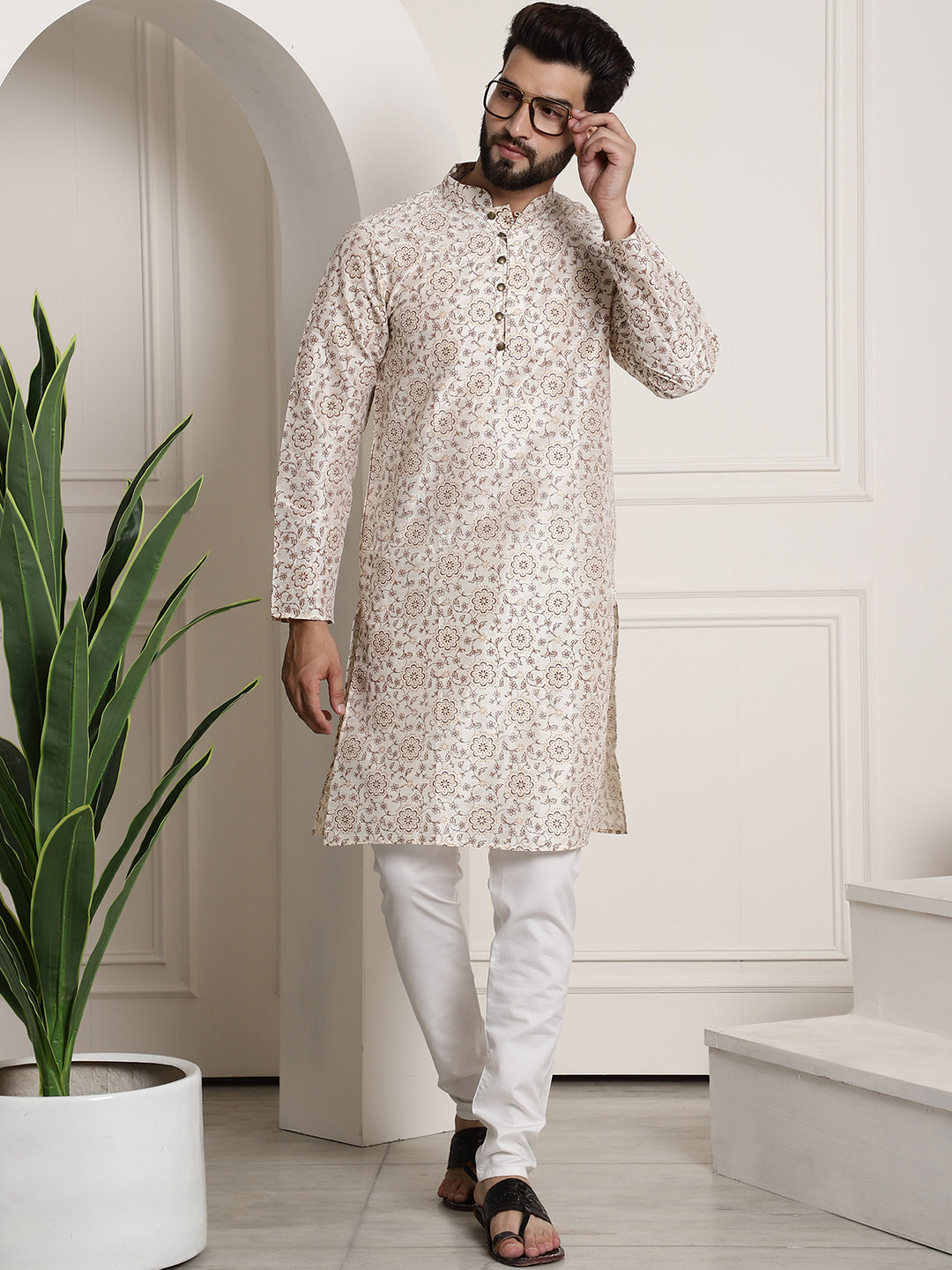 Men's Silk Blend Cream printed Kurta and White Churidar Pyjama Set