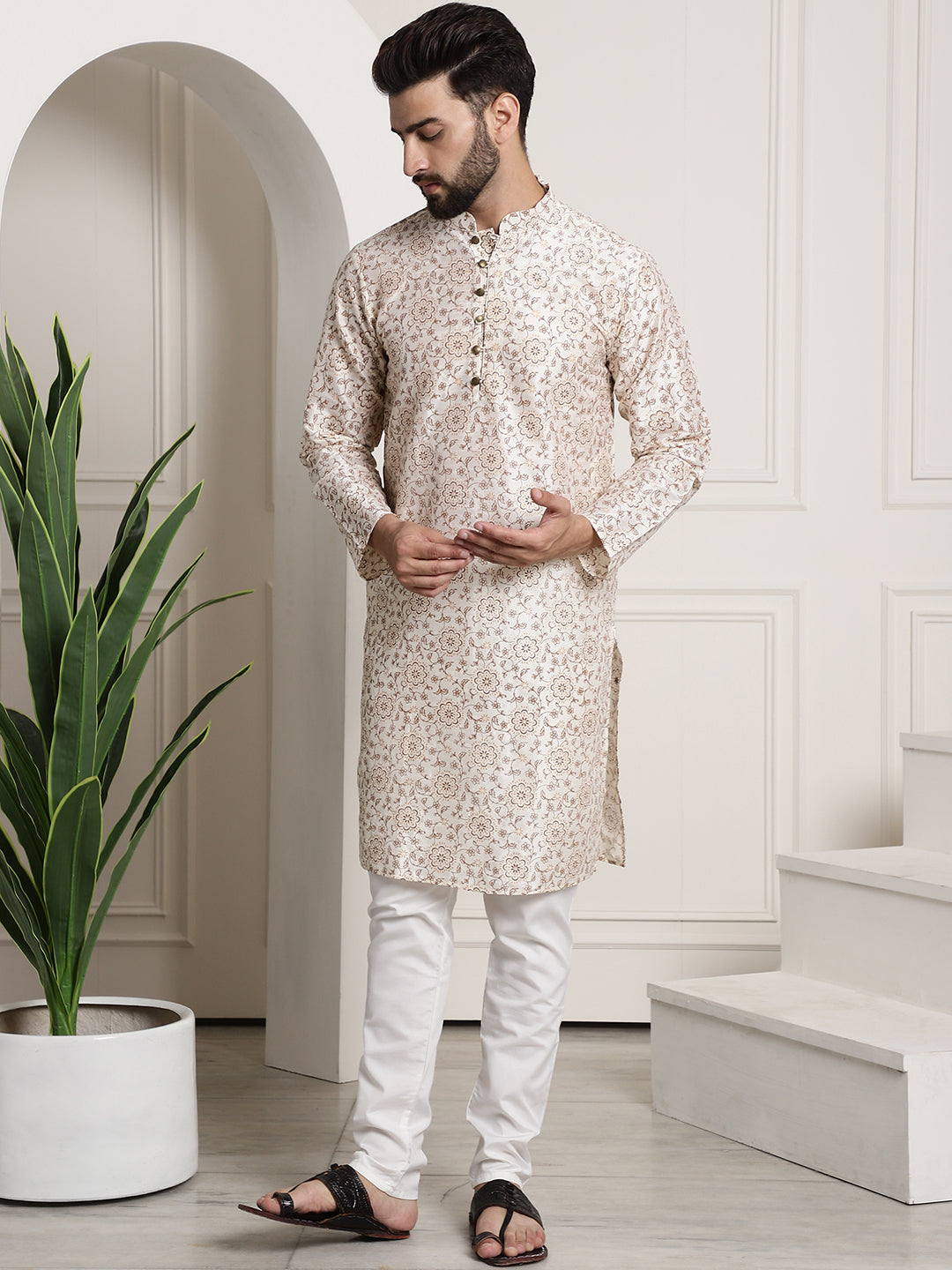 Men's Silk Blend Cream printed Kurta and White Churidar Pyjama Set