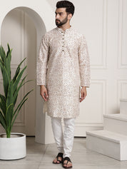 Men's Silk Blend Cream printed Kurta and White Churidar Pyjama Set