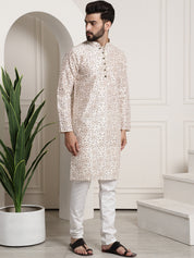 Men's Silk Blend Cream printed Kurta and White Churidar Pyjama Set