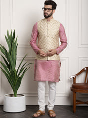 Men's Silk Blend Pink Kurta Pyjama & Beige Embroidered Nehrujacket