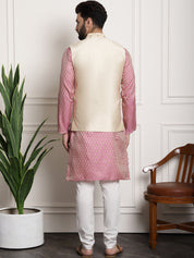 Men's Silk Blend Pink Kurta Pyjama & Beige Embroidered Nehrujacket