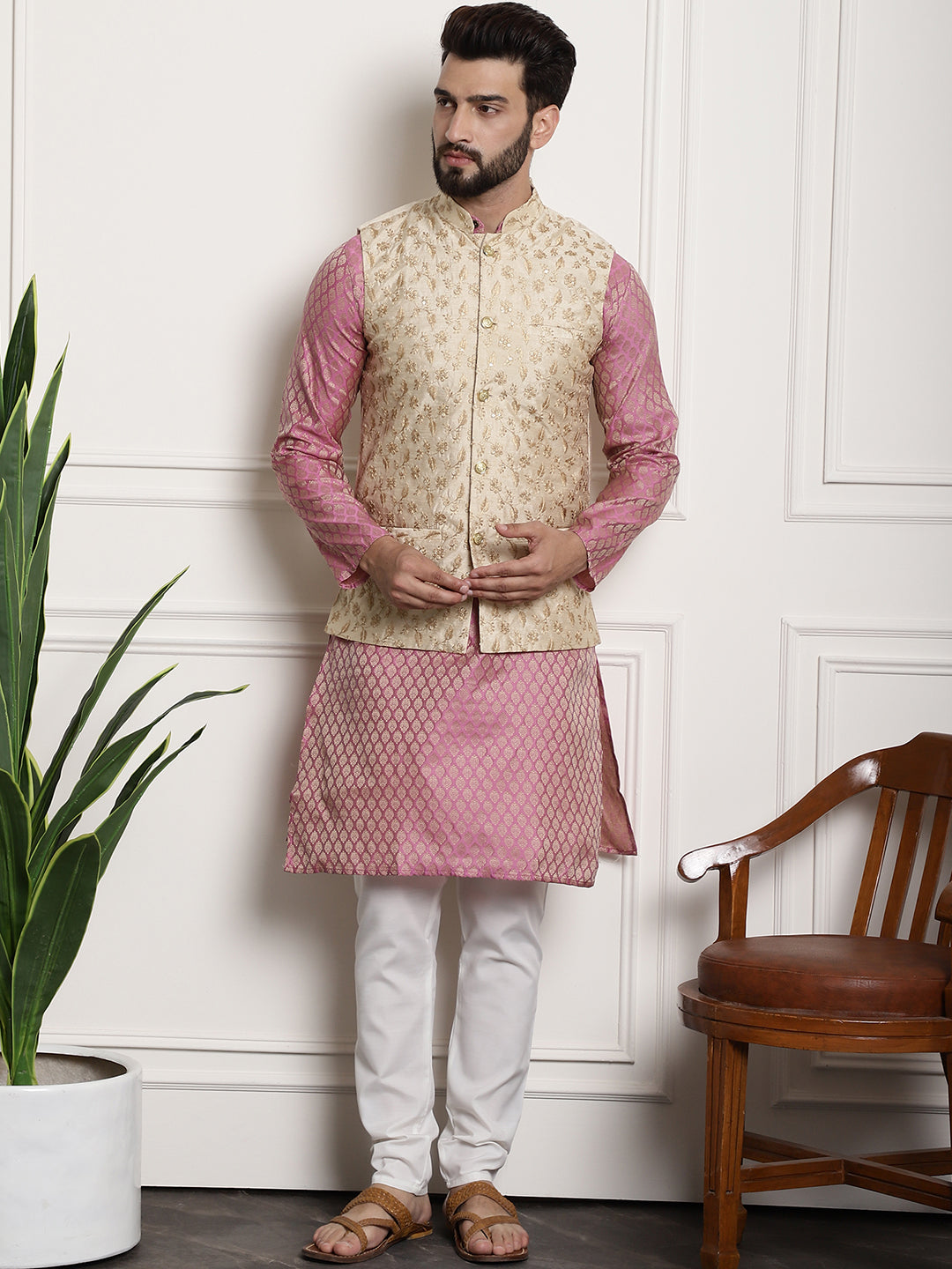 Men's Silk Blend Pink Kurta Pyjama & Beige Embroidered Nehrujacket