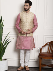 Men's Silk Blend Pink Kurta Pyjama & Beige Embroidered Nehrujacket