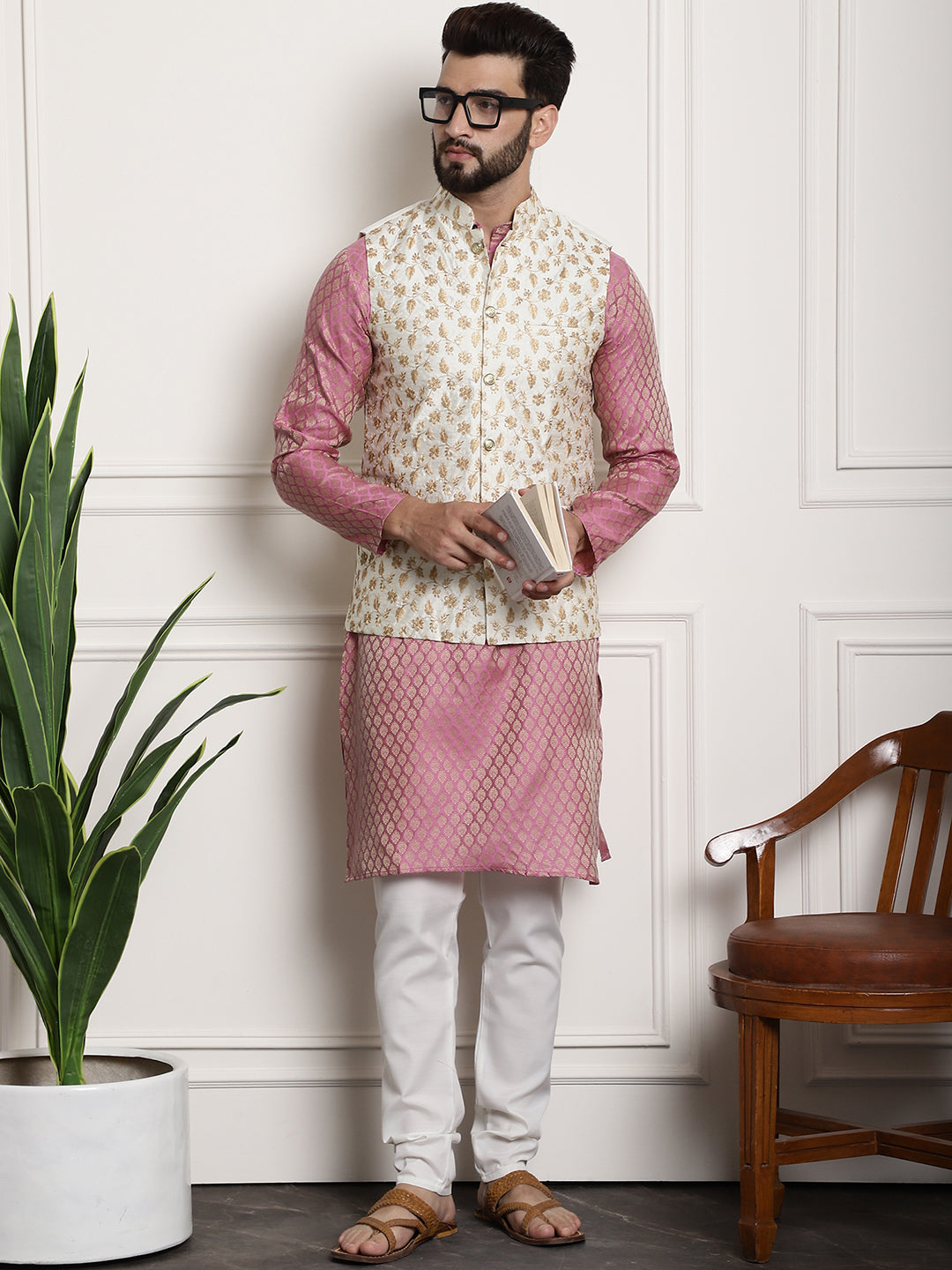 Men's Silk Blend Pink Kurta Pyjama & Cream Embroidered Nehrujacket