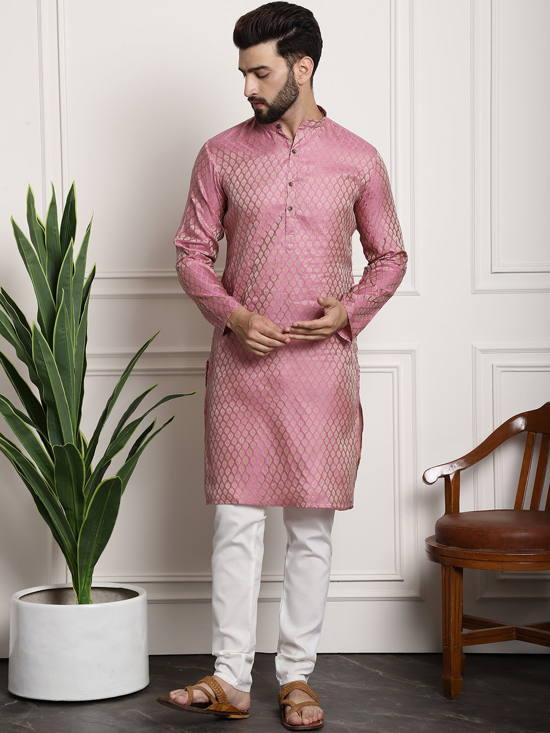 Men's Silk Blend Pink Kurta Pyjama & Cream Embroidered Nehrujacket