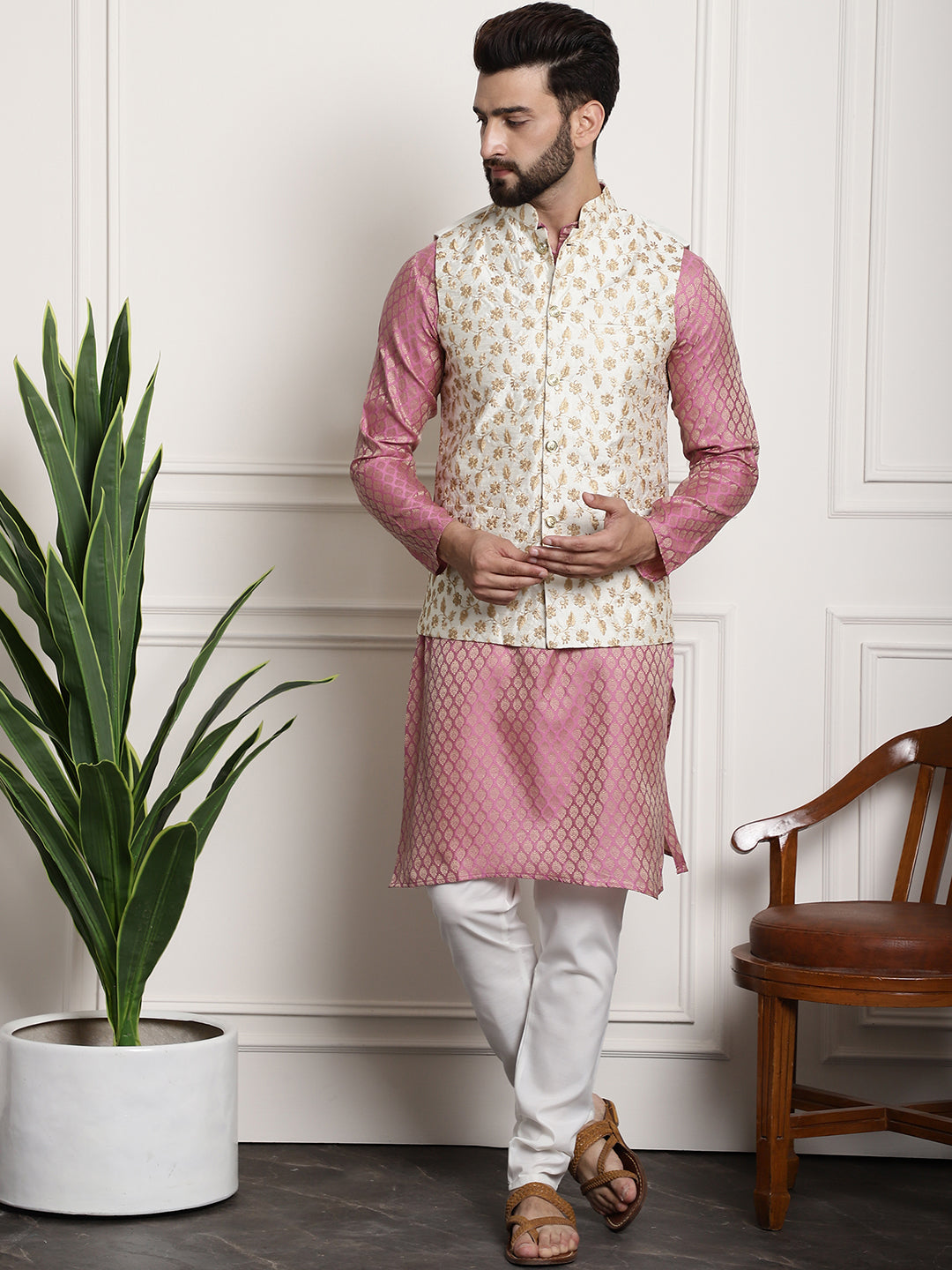 Men's Silk Blend Pink Kurta Pyjama & Cream Embroidered Nehrujacket