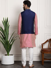 Men's Silk Blend Pink Kurta Pyjama & Navy Blue Embroidered Nehrujacket