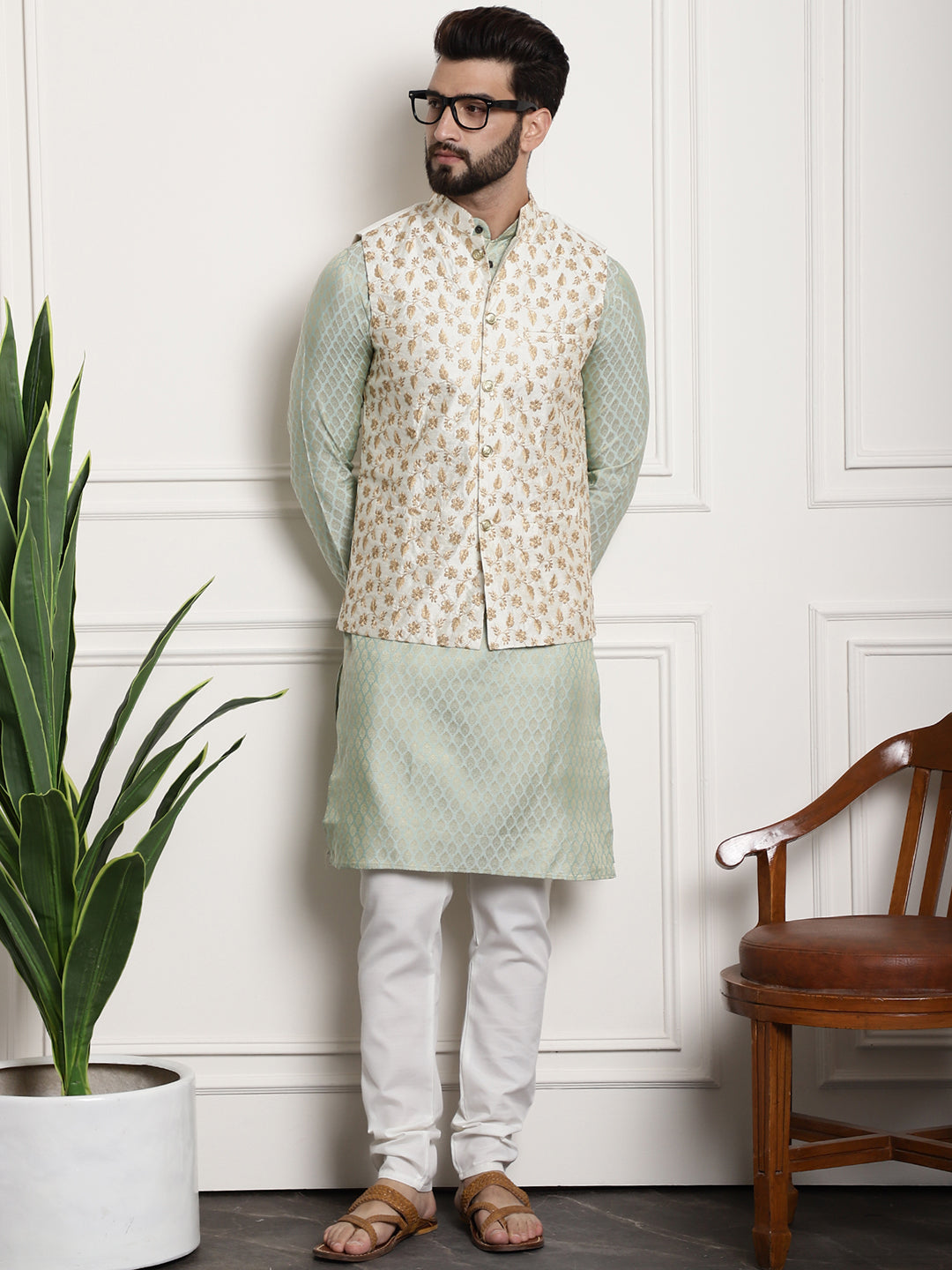 Men's Silk Blend Pista Green Kurta Pyjama & Cream Embroidered Nehrujacket