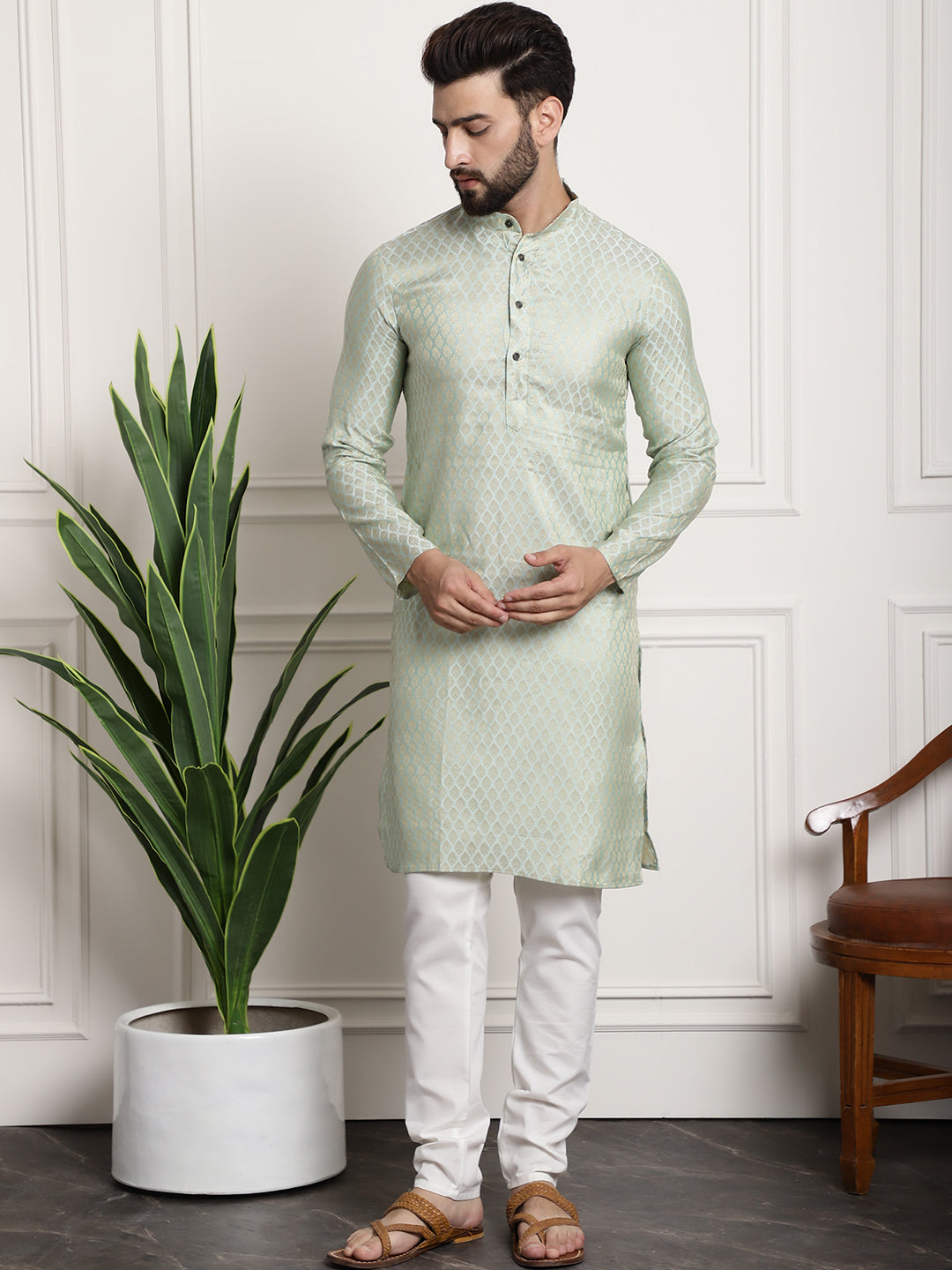 Men's Silk Blend Pista Green Kurta Pyjama & Cream Embroidered Nehrujacket