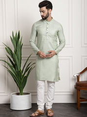 Men's Silk Blend Pista Green Kurta Pyjama & Cream Embroidered Nehrujacket