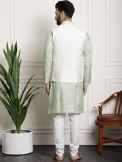 Men's Silk Blend Pista Green Kurta Pyjama & Cream Embroidered Nehrujacket