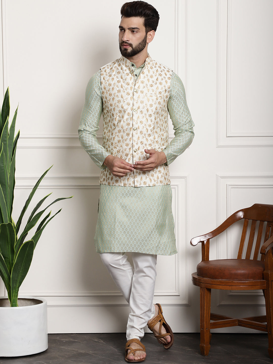 Men's Silk Blend Pista Green Kurta Pyjama & Cream Embroidered Nehrujacket