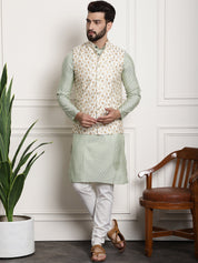 Men's Silk Blend Pista Green Kurta Pyjama & Cream Embroidered Nehrujacket