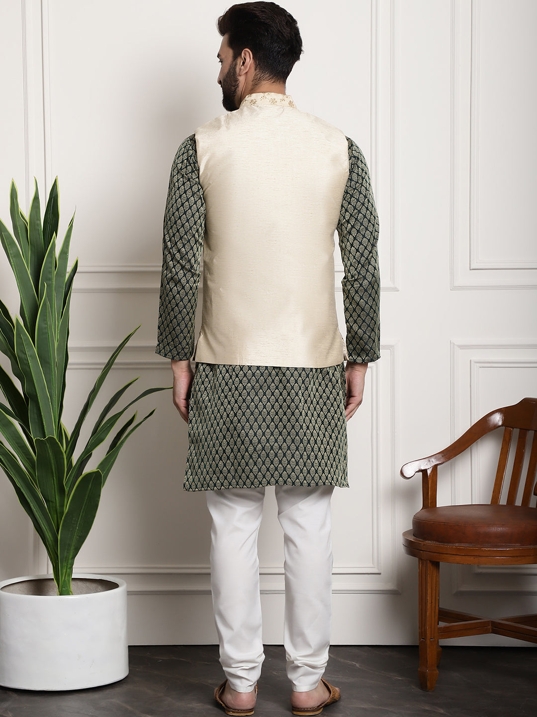 Men's Silk Blend Dark Green Kurta Pyjama & Beige Embroidered Nehrujacket