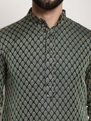 Men's Silk Blend Dark Green Kurta Pyjama & Beige Embroidered Nehrujacket