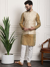 Men's Silk Blend Mustard Kurta Pyjama & Beige Embroidered Nehrujacket