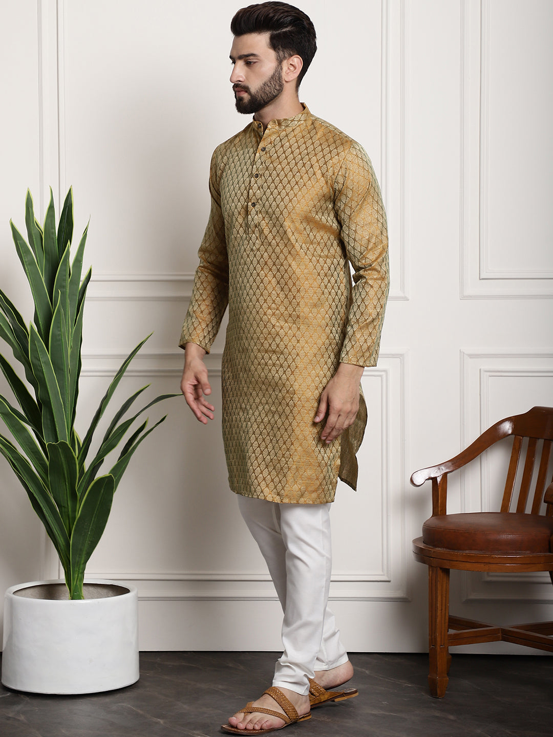 Men's Silk Blend Mustard Kurta Pyjama & Beige Embroidered Nehrujacket