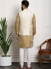 Men's Silk Blend Mustard Kurta Pyjama & Beige Embroidered Nehrujacket