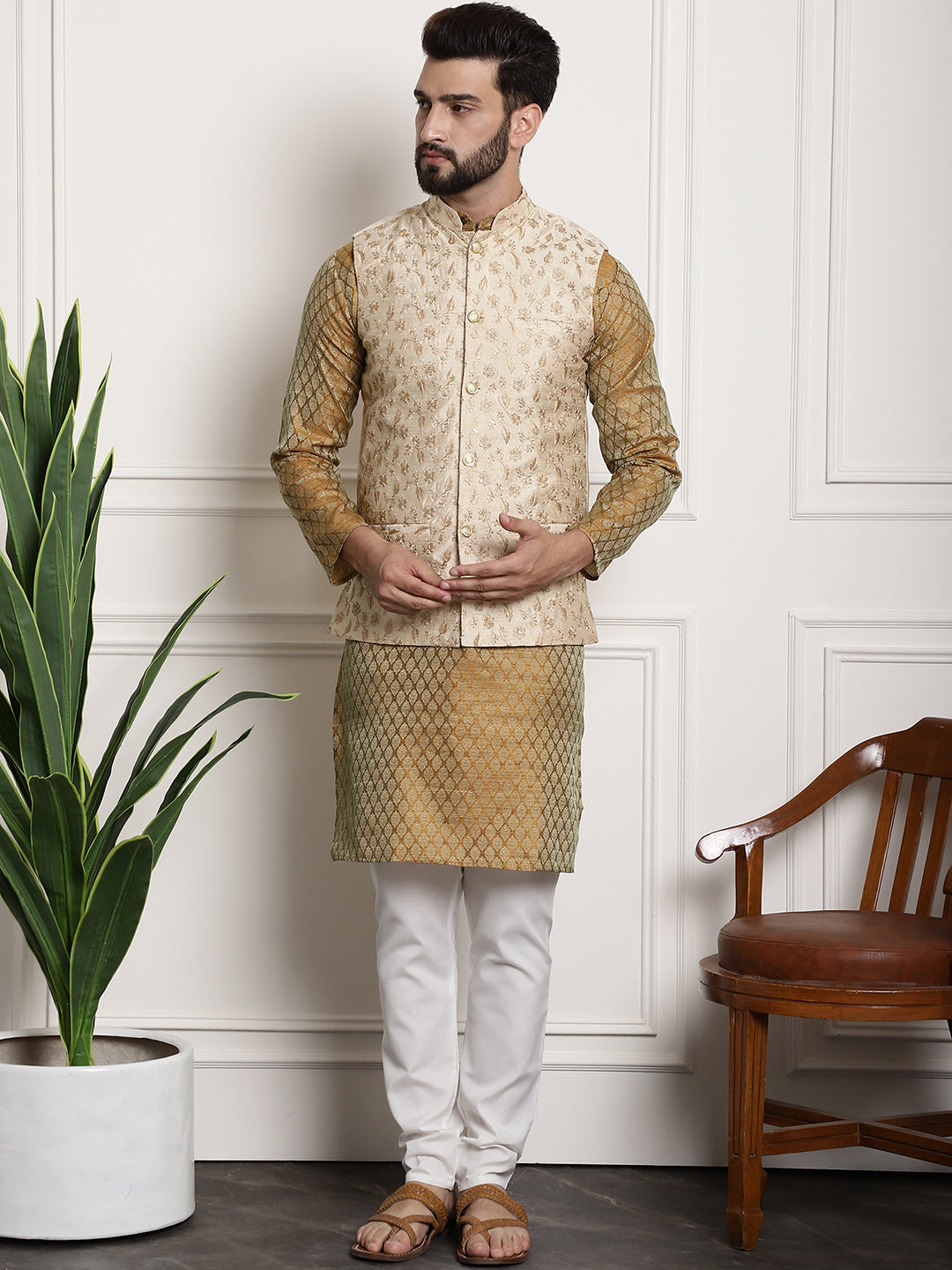 Men's Silk Blend Mustard Kurta Pyjama & Beige Embroidered Nehrujacket