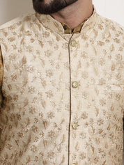 Men's Silk Blend Mustard Kurta Pyjama & Beige Embroidered Nehrujacket