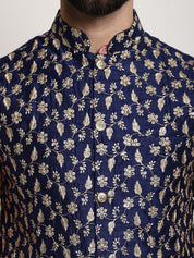 Men's Silk Blend Mustard Kurta Pyjama & NavyBlue Embroidered Nehrujacket