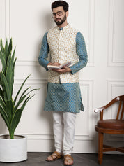 Men's Silk Blend PBlue Kurta Pyjama & Cream Embroidered Nehrujacket