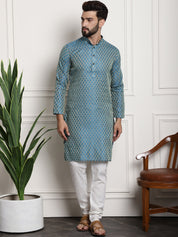 Men's Silk Blend PBlue Kurta Pyjama & Cream Embroidered Nehrujacket