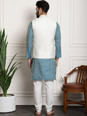 Men's Silk Blend PBlue Kurta Pyjama & Cream Embroidered Nehrujacket