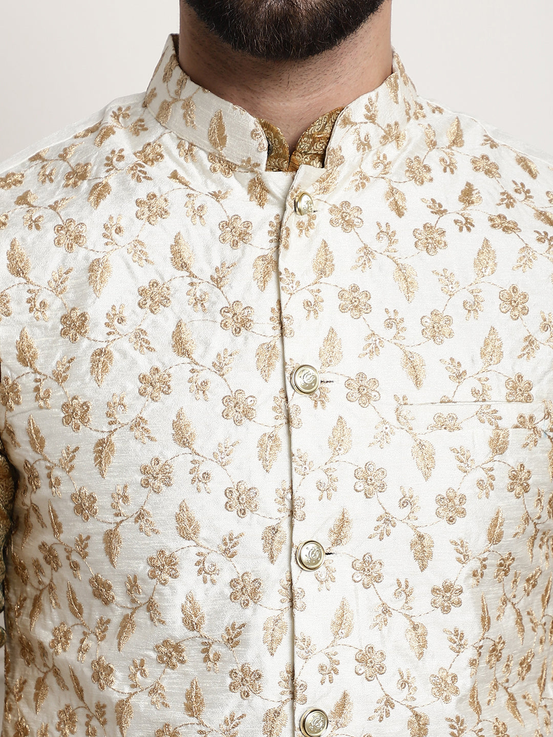 Men's Silk Blend PBlue Kurta Pyjama & Cream Embroidered Nehrujacket