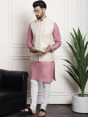 Men's Jacquard Silk Pink Kurta and Off-White Pyjama With Cream Nehru Jacket