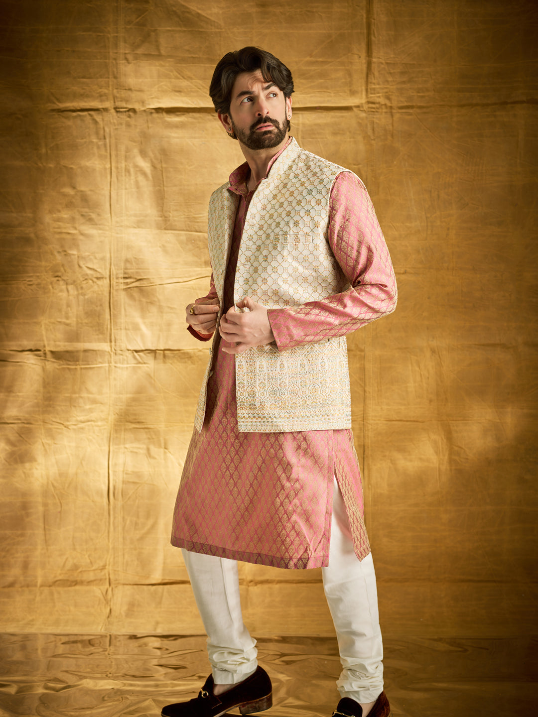 Men's Jacquard Silk Pink Kurta and Off-White Pyjama With Cream Nehru Jacket