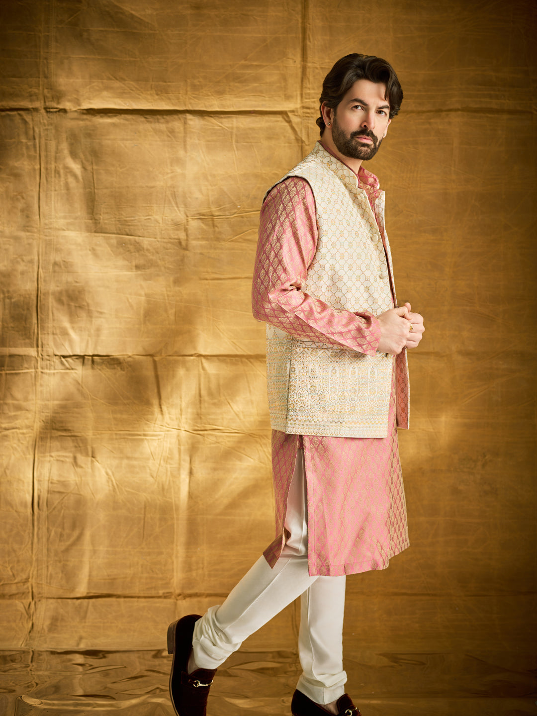 Men's Jacquard Silk Pink Kurta and Off-White Pyjama With Cream Nehru Jacket