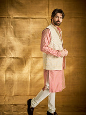 Men's Jacquard Silk Pink Kurta and Off-White Pyjama With Cream Nehru Jacket