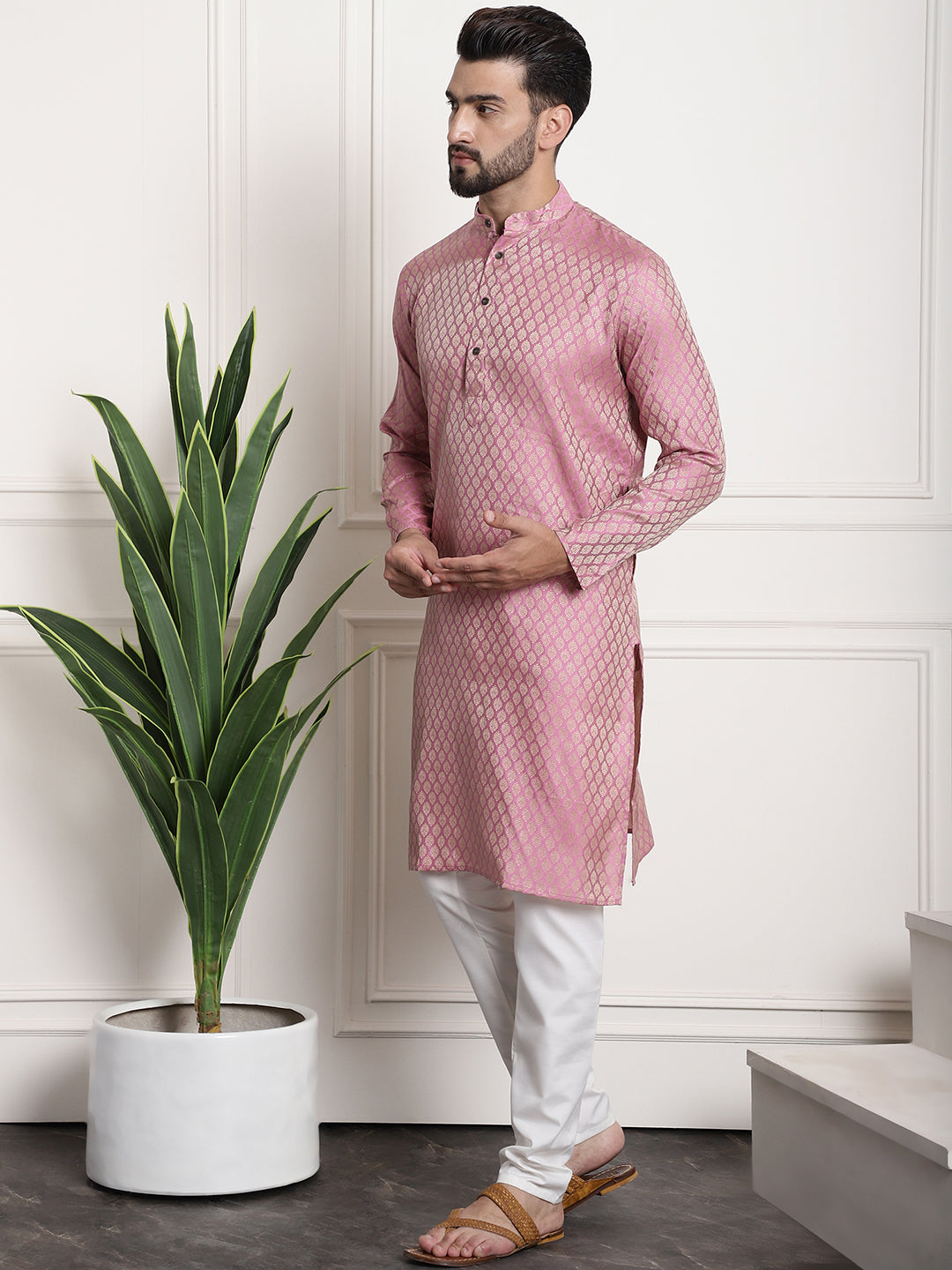 Men's Jacquard Silk Pink Kurta and Off-White Pyjama With Cream Nehru Jacket