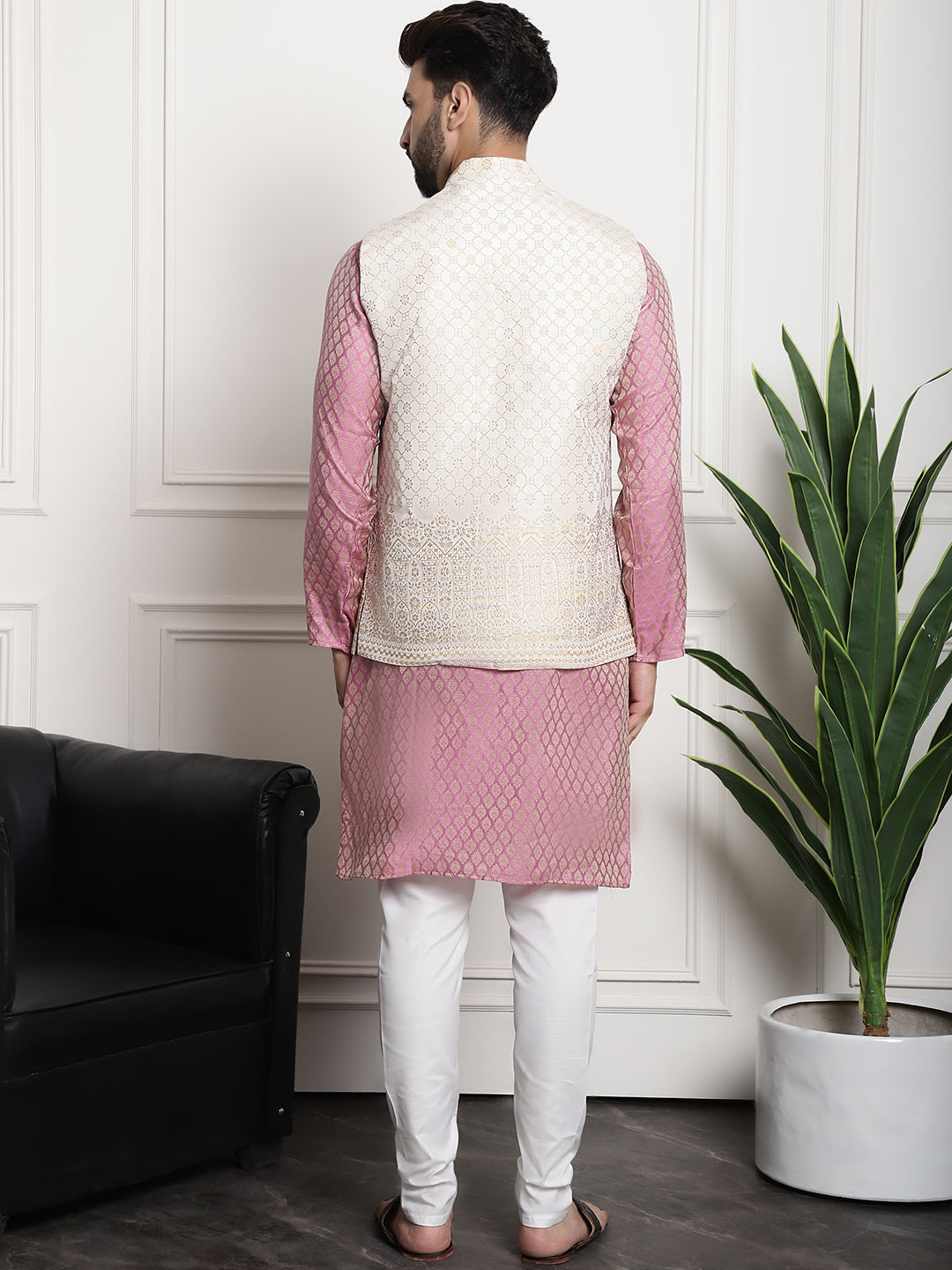 Men's Jacquard Silk Pink Kurta and Off-White Pyjama With Cream Nehru Jacket