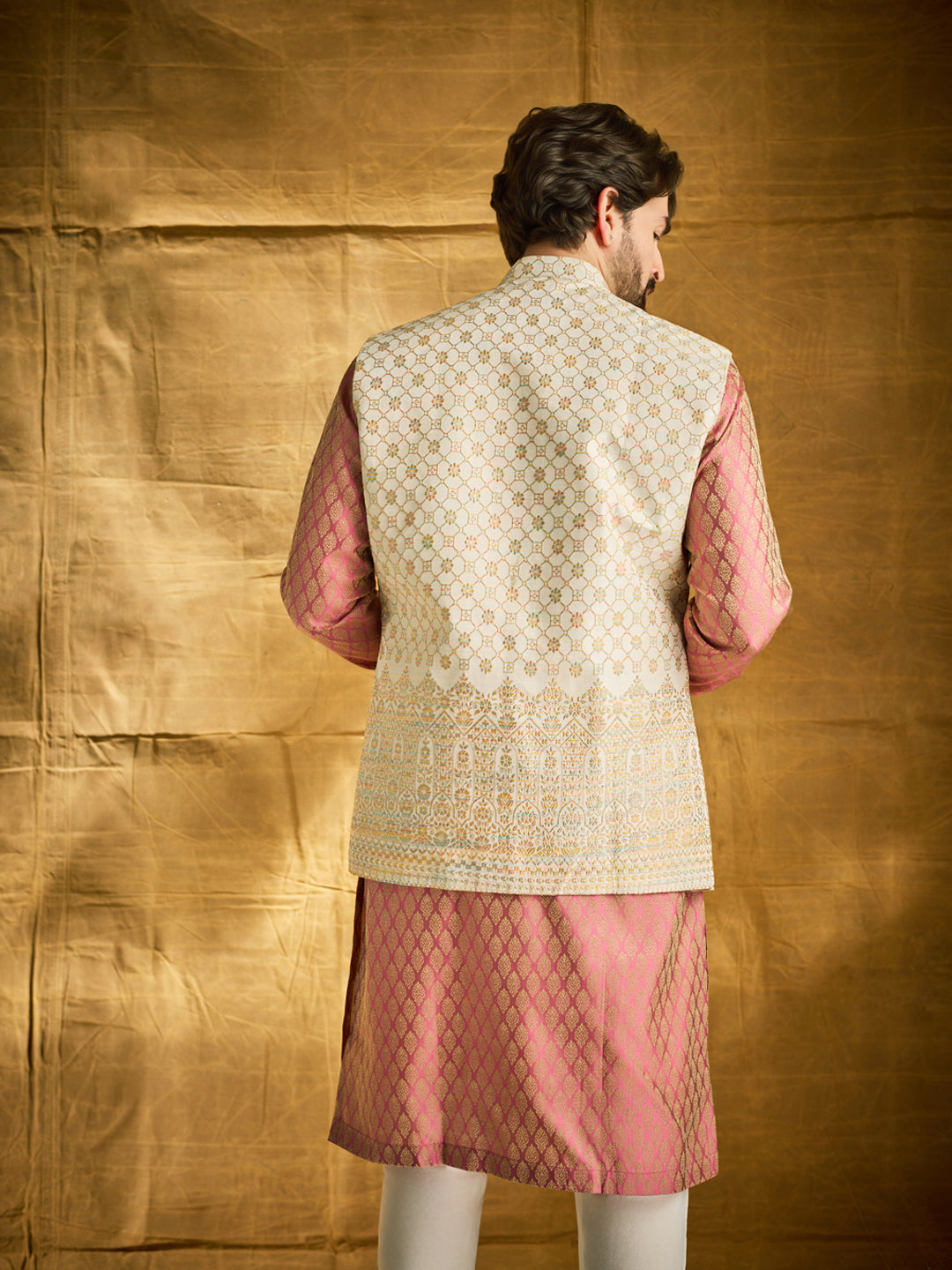 Men's Jacquard Silk Pink Kurta and Off-White Pyjama With Cream Nehru Jacket