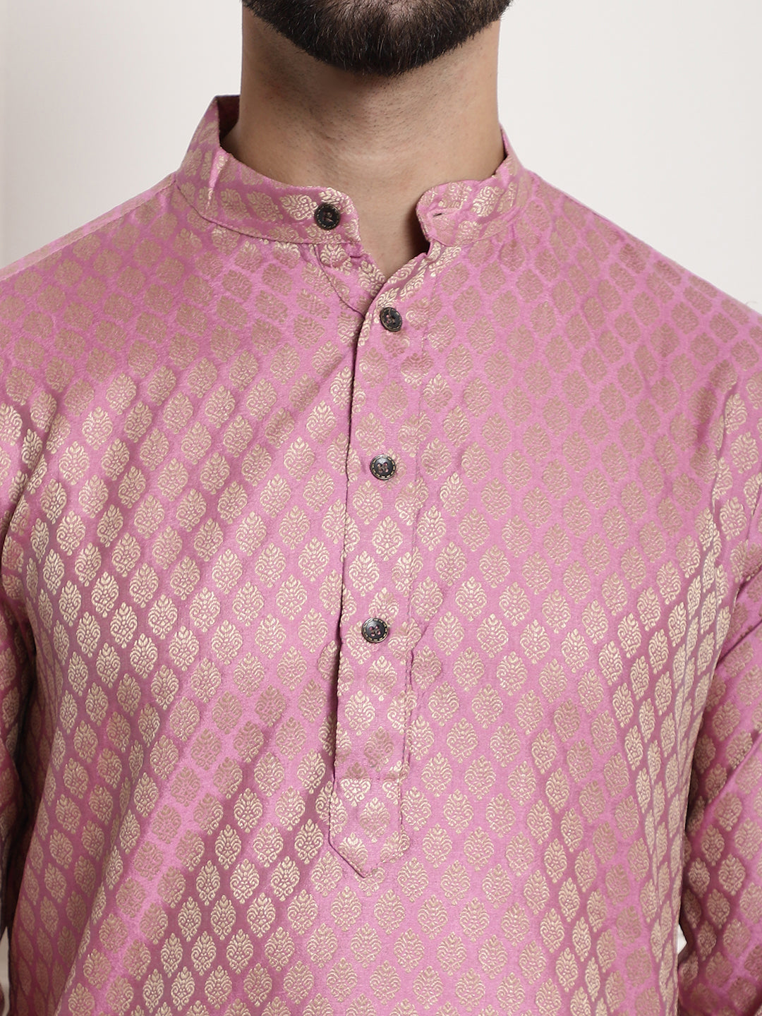 Men's Jacquard Silk Pink Kurta and Off-White Pyjama With Cream Nehru Jacket