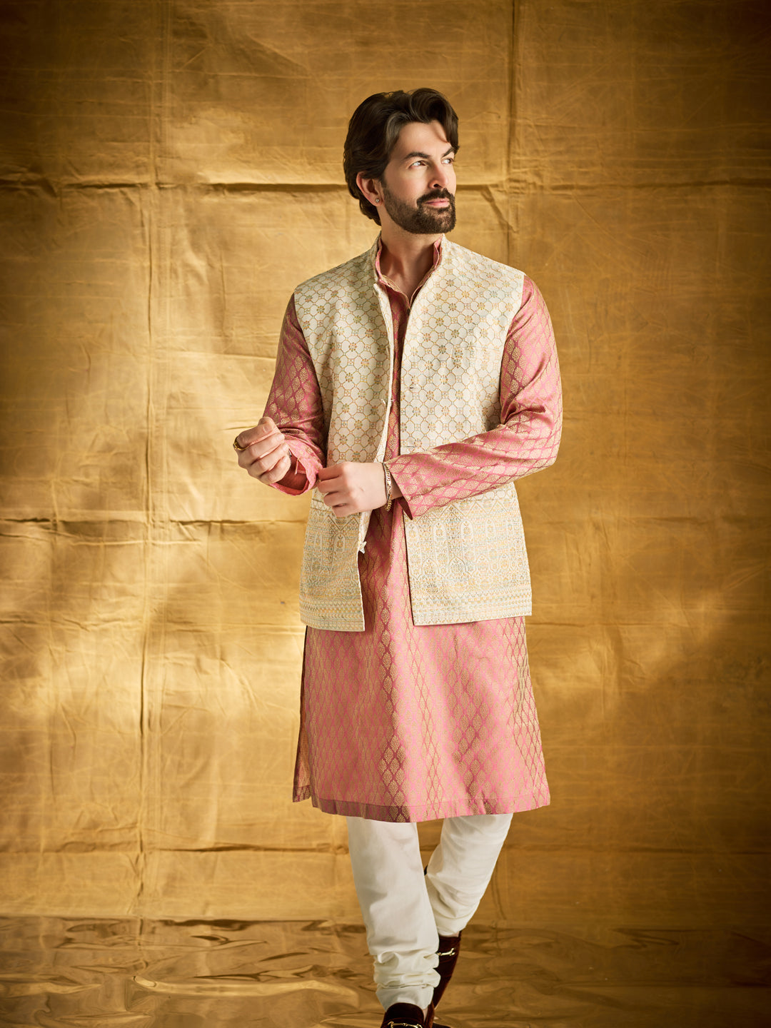 Men's Jacquard Silk Pink Kurta and Off-White Pyjama With Cream Nehru Jacket