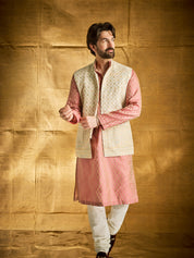 Men's Jacquard Silk Pink Kurta and Off-White Pyjama With Cream Nehru Jacket