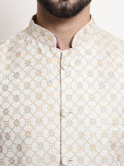 Men's Jacquard Silk Pink Kurta and Off-White Pyjama With Cream Nehru Jacket