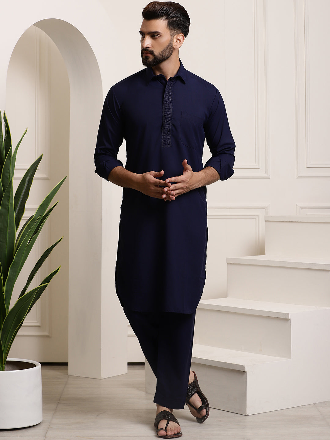 Men's Cotton Navy Blue Pathani Set