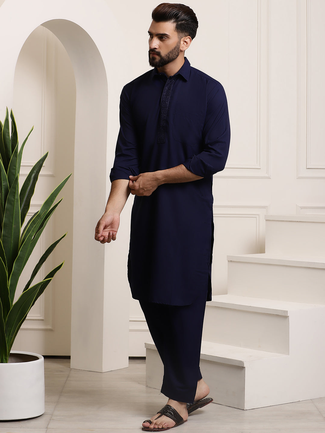 Men's Cotton Navy Blue Pathani Set