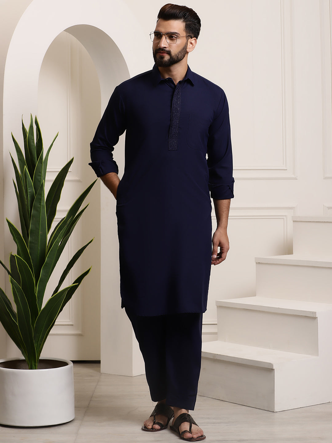 Men's Cotton Navy Blue Pathani Set